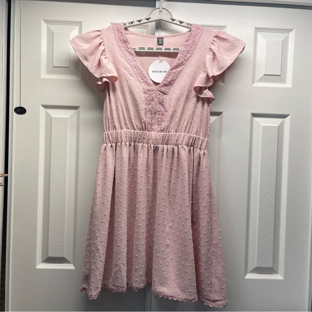 SHEIN Vcay Mauve Pink Swiss Dot Lace Trim Flutter Sleeve Mini Dress Size 0 XL